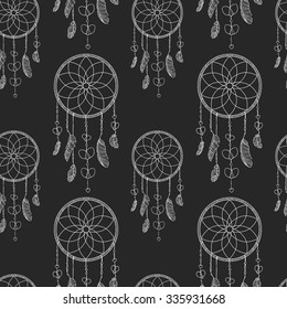 Valentines day card, ornate background, design. Hand-drawn seamless pattern with dreamcatcher and hearts. Hand drawn vector illustration. Dream catcher with hearts, feathers and beads.