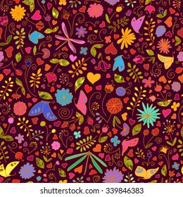 Valentines day card, ornate background. Seamless hand-drawn pattern with multi-colored hearts, flowers, butterflies, dragonflies, leaves and abstraction. Valentines day background.