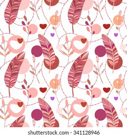 Valentines day card, ornate background. Seamless pattern with hearts, feathers and leaves. Abstract background. Hand drawn Vector illustration. Seamless abstract pattern with feathers and leaves.