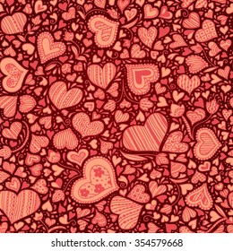Valentines day card, ornate background. Seamless hand-drawn pattern with hearts, flowers and abstraction. Valentines day background. Hand drawn vector illustration.