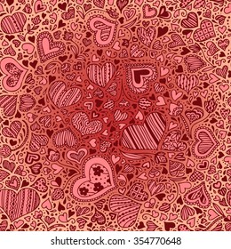 Valentines day card, ornate background. Seamless hand-drawn pattern with hearts, flowers and abstraction. Valentines day background. Hand drawn vector illustration. 