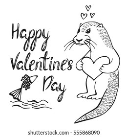 Valentine's day card with otter, fish and heart. Vector sketch illustration, romantic background.