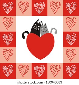 Valentines day card pair cats hearts love romantic vector illustration