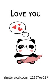 Valentines day card with panda in love vector illustration. Cute baby bear looking into a laptop. Red hearts in speech bubble. I love you phrase. Flat style For tee, print