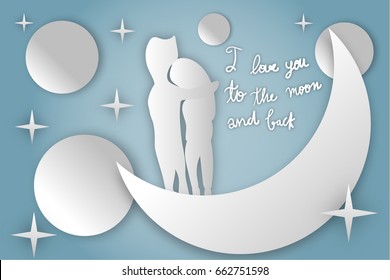 Valentine's day card paper art concept couple stand on the moon they hug and look forward among star and planet with "I love you to the moon and back" lettering hand draw vector illustration