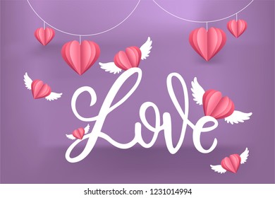 Valentine's day card paper cut effects vector illustration. The inscription lettering: love. Design template for party invitation, greeting card, banner, web project.