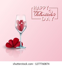 Valentines day card with paper cut red hearts and beautiful 2 glasses. 3d realistic elements of love for greeting card design in vector illustration. Abstract background with text love.