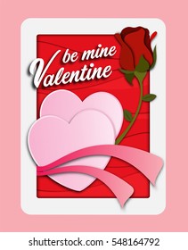 Valentine's day card paper cut background with pink heart and red rose. Vector illustration