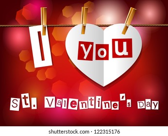 Valentine`s day card. Paper heart hanging on clothespins. Part of set. Vector.