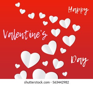 Valentine's Day card with paper hearts ans wishes on red background. Vector.