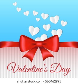 Valentine's Day card with paper hearts, bow and wishes. Vector.