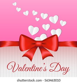 Valentine's Day card with paper hearts, bow and wishes. Vector.
