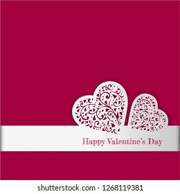 Valentine's day card with paper ornate heart. Love romantic banner. February 14. 3d greeting poster. Vector illustration