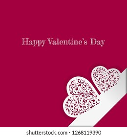 Valentine's day card with paper ornate heart. Love romantic banner. February 14. 3d greeting poster. Vector illustration
