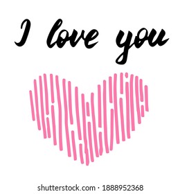 Valentine's day card in pastel pink colors. I love you inscription with hand drawn doodle heart. Romantic collection. Hand drawn illustration. Beautiful print for design, clothes, banners and decor. 