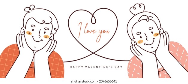 Valentine's day card with  people falling in love. Cute young man and woman. Heart and characters in linear doodle style.