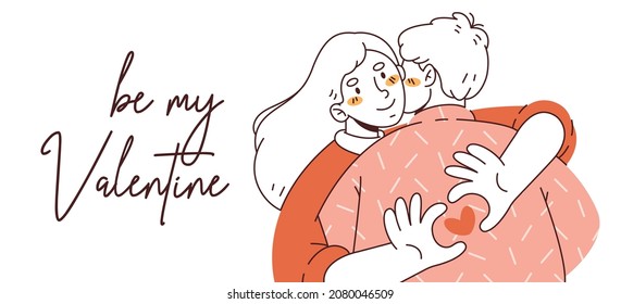 Valentine's day card with  people falling in love.Young cute girl hugs a guy. Characters in linear doodle style.