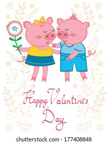 Valentine`s day card with pigs in love