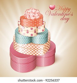 Valentine`s Day card with Pile of heart shaped gifts.