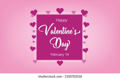 Valentine's day card in pink background with white hearts and pink squares celebrating 14th february.