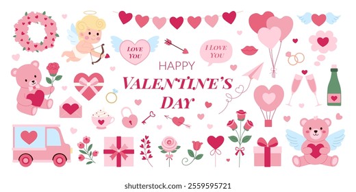 A Valentine's Day card with a pink background and a variety of pink and red items. There are two teddy bears, a truck, a car, a rose, a bouquet of flowers, a bottle, a cup, a wine glass