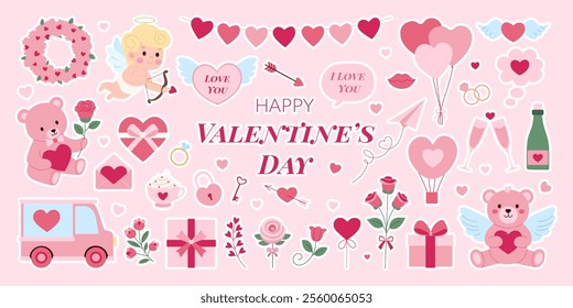 A Valentine's Day card with a pink background and a variety of heart-shaped stickers. The stickers include a teddy bear, a car, a truck, a cup, a bottle, a balloon, a rose, a cupcake