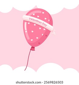 Valentine's day card with pink balloon and ribbon. Vector illustration