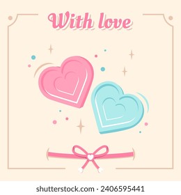 Valentine's day card. Pink and blue Hearts. Delicious heart shaped lollipops. Festive banner with Romantic text, bow, vintage frame, conffetti.Vector illustration for 14 February, holiday, invitation