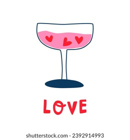 Valentines day card with pink cocktail with hearts in minimal style and text love. Vector simple shape for romantic love card. Lute hand drawn element isolated on white, logo, icon design, text, word.