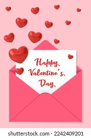 Valentine's Day card with pink envelope and white paper, flying hearts.