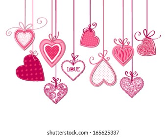 Valentines day card  Pink fabric hearts and bows white background