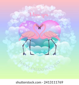 Valentines day card with pink flamingos in the clouds on frame of scattered hearts template. Vector illustration colorful sky background with lettering Happy valentine day and I love you. EPS 10.