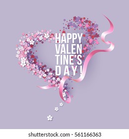 Valentines Day card with pink flowers heart shaped with ribbon and text. Vector illustration