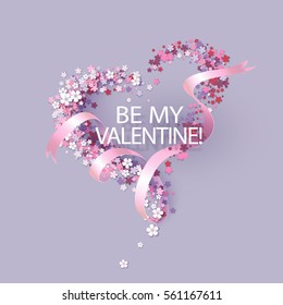 Valentines Day card with pink flowers heart shaped and ribbon with text. Vector illustration