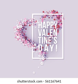 Valentines Day card with pink flowers heart shaped with text. Vector illustration