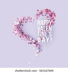 Valentines Day card with pink flowers heart shaped with text. Vector illustration