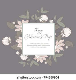 Valentine's Day card with pink flowers on Brown Background