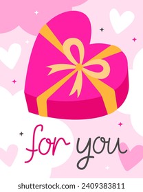 Valentine's Day card. Pink gift box in the shape of a heart with the inscription "For you." Cute romantic card. Pink gift box with a yellow bow.