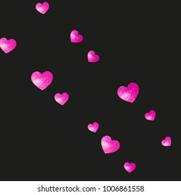 Valentines day card with pink glitter hearts. February 14th. Vector confetti for valentines day card template. Grunge hand drawn texture. Love theme for flyer, special business offer, promo.