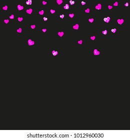 Valentines day card with pink glitter hearts. February 14th. Vector confetti for valentines day card template. Grunge hand drawn texture. Love theme for voucher, special business ad, banner.