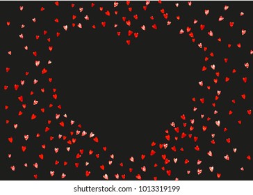 Valentines day card with pink glitter hearts. February 14th. Vector confetti for valentines day card template. Grunge hand drawn texture. Love theme for voucher, special business ad, banner.