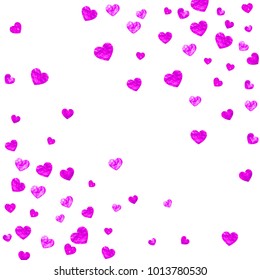 Valentines day card with pink glitter hearts. February 14th. Vector confetti for valentines day card template. Grunge hand drawn texture. Love theme for poster, gift certificate, banner.
