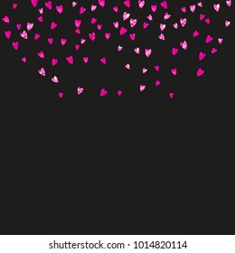 Valentines day card with pink glitter hearts. February 14th. Vector confetti for valentines day card template. Grunge hand drawn texture. Love theme for party invite, retail offer and ad.