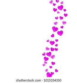 Valentines day card with pink glitter hearts. February 14th. Vector confetti for valentines day card template. Grunge hand drawn texture. Love theme for voucher, special business ad, banner.