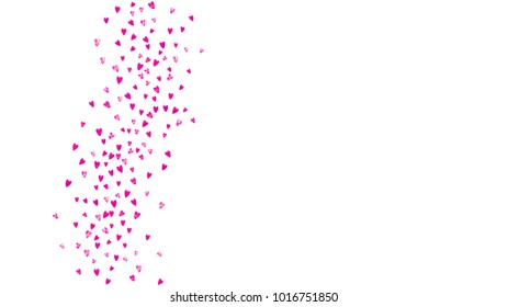 Valentines day card with pink glitter hearts. February 14th. Vector confetti for valentines day card template. Grunge hand drawn texture. Love theme for voucher, special business ad, banner.