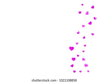 Valentines day card with pink glitter hearts. February 14th. Vector confetti for valentines day card template. Grunge hand drawn texture. Love theme for poster, gift certificate, banner.
