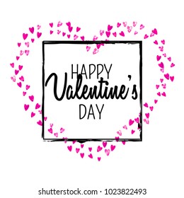 Valentines day card with pink glitter hearts. February 14th. Vector confetti for valentines day card template. Grunge hand drawn texture. Love theme for flyer, special business offer, promo.