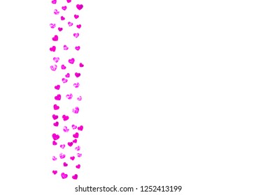 Valentines day card with pink glitter hearts. February 14th. Vector confetti for valentines day card template. Grunge hand drawn texture. Love theme for special business offer, banner, flyer.