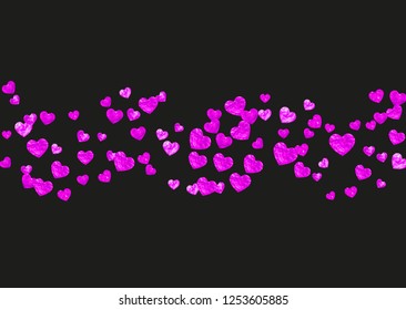 Valentines day card with pink glitter hearts. February 14th. Vector confetti for valentines day card template. Grunge hand drawn texture. Love theme for party invite, retail offer and ad.