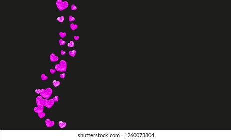 Valentines day card with pink glitter hearts. February 14th. Vector confetti for valentines day card template. Grunge hand drawn texture. Love theme for voucher, special business ad, banner.
